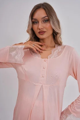 Önden Düğmeli Hamile Lohusa Pijama Takımı Pudra - 5808