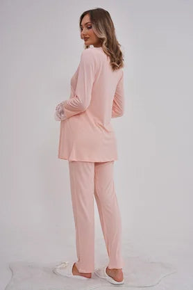 Önden Düğmeli Hamile Lohusa Pijama Takımı Pudra - 5808
