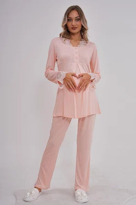 Önden Düğmeli Hamile Lohusa Pijama Takımı Pudra - 5808