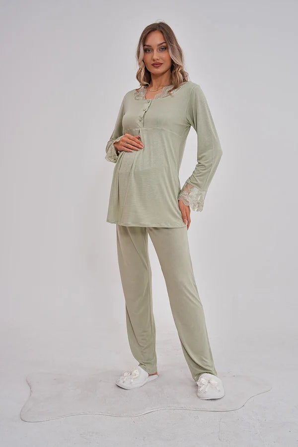 Önden Düğmeli Hamile Lohusa Pijama Takımı Yeşil - 5808