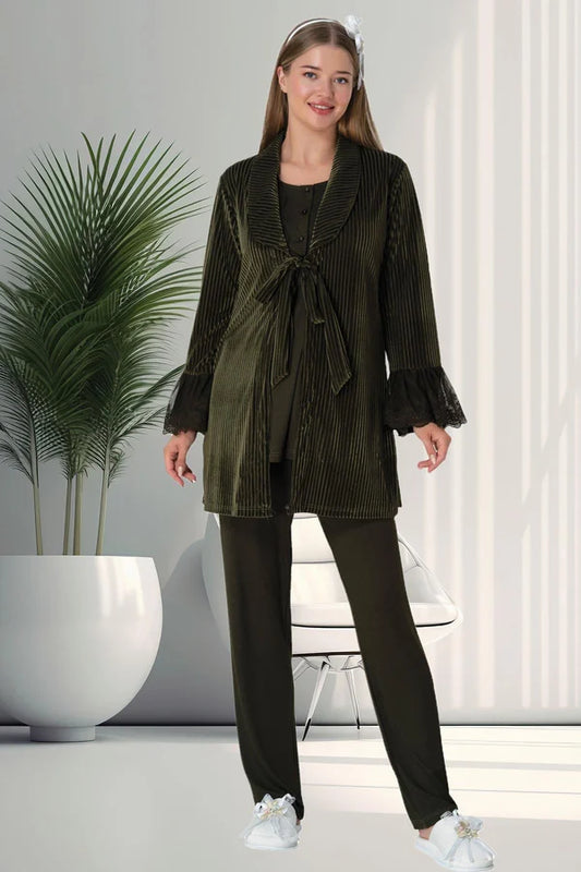 Önden Düğmeli Kadife Sabahlıklı Lohusa Hamile Pijama Takımı Koyu Yeşil - 5910