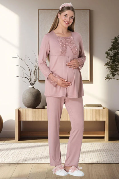 Önden bağlamalı Peluş Sabahlıklı  Lohusa Hamile Pijama Takımı Pudra - 5911