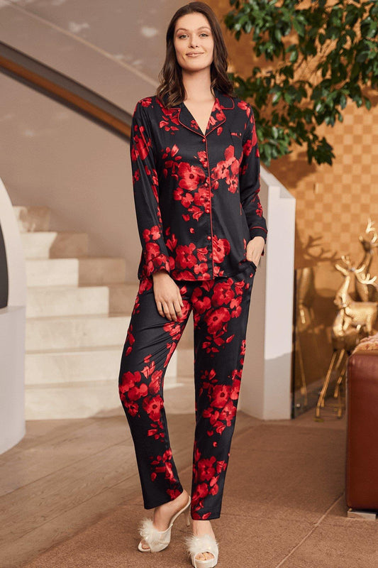 Çiçek Desenli Boydan Düğmeli Uzun Kollu Pijama Takımı Siyah - 5922