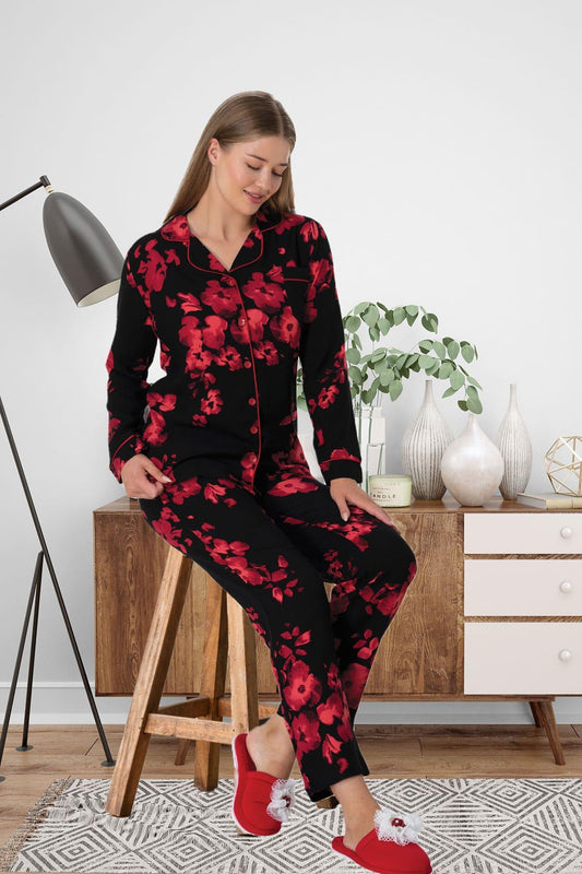 Çiçek Desenli Boydan Düğmeli Uzun Kollu Pijama Takımı Siyah - 5922