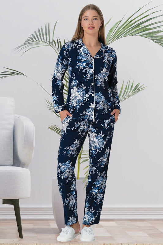 Çiçek Desenli Boydan Düğmeli Uzun Kollu Pijama Takımı Lacivert - 5924