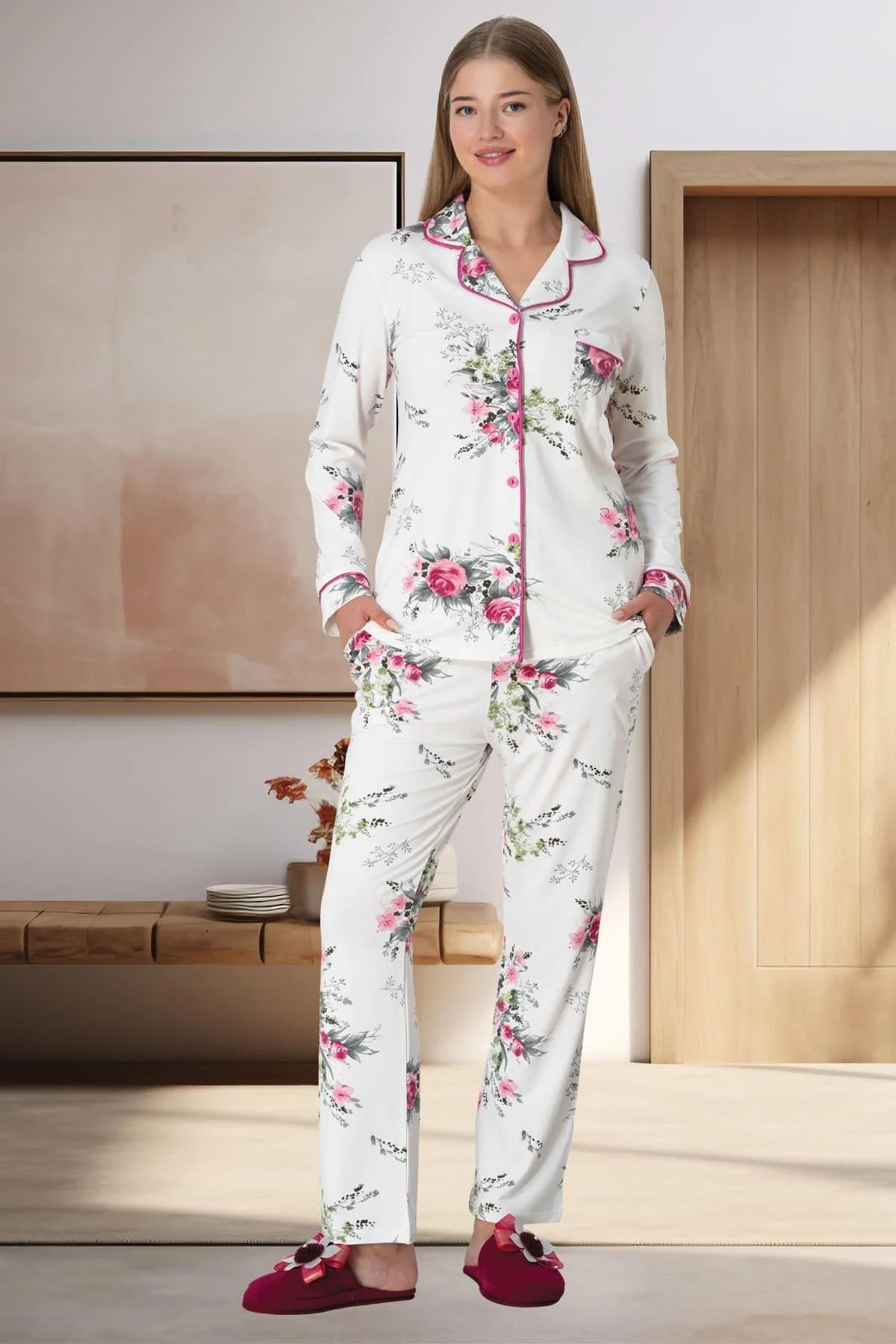 Melisa Kumaş Boydan Düğmeli Uzun Kollu Pijama Takımı Fuşya - 5927