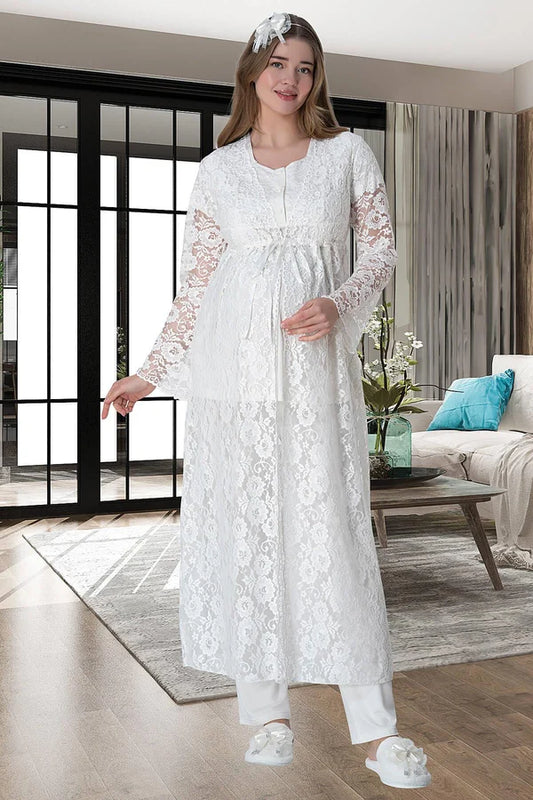 Önden Düğmeli Dantelli Sabahlıklı  Hamile Lohusa Pijama Takımı  Ekru- 6000