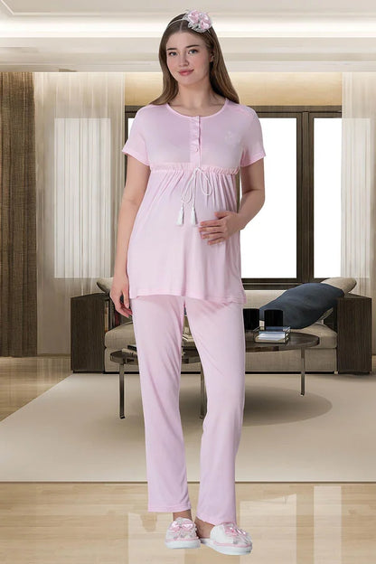 Önden Düğmeli Sabahlıklı Hamile Lohusa Pijama Takımı  Pembe - 6001