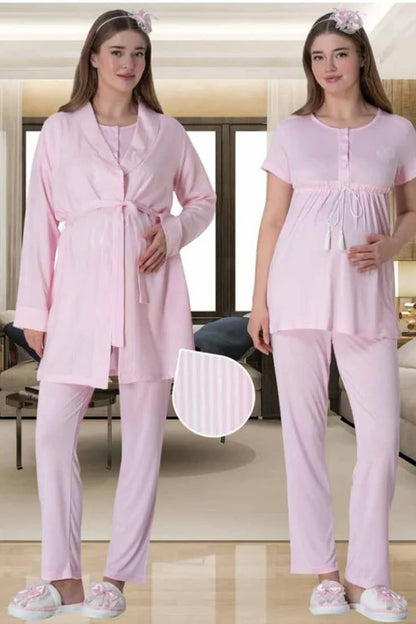 Önden Düğmeli Sabahlıklı Hamile Lohusa Pijama Takımı  Pembe - 6001