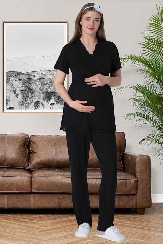 Önden Düğmeli Hamile Lohusa Pijama Takımı Siyah - 6008