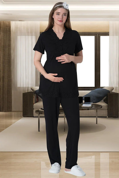 Önden Düğmeli Hamile Lohusa Pijama Takımı Siyah - 6008