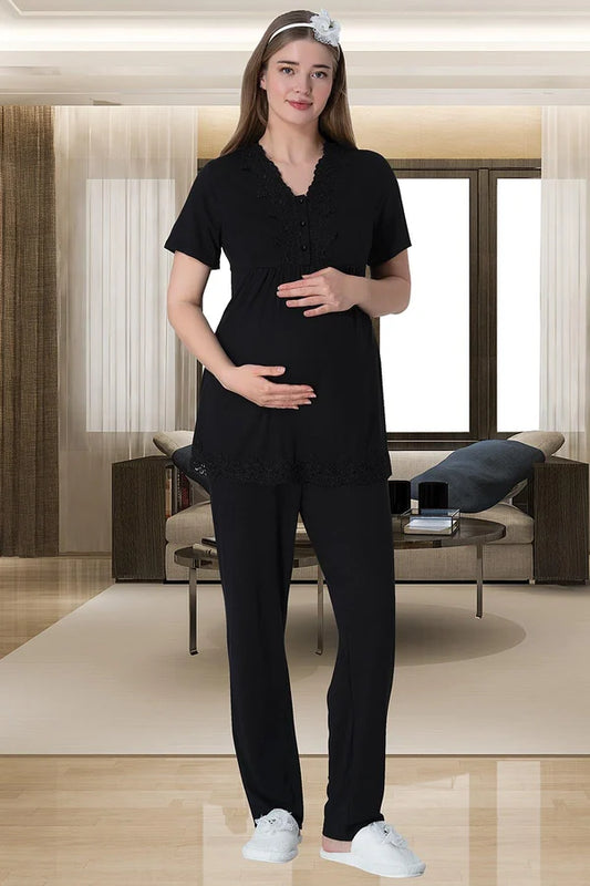 Önden Düğmeli Hamile Lohusa Pijama Takımı Siyah - 6008
