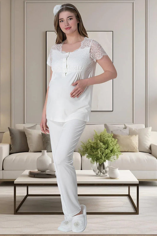 Önden Düğmeli Hamile Lohusa Pijama Takımı  Ekru - 6009