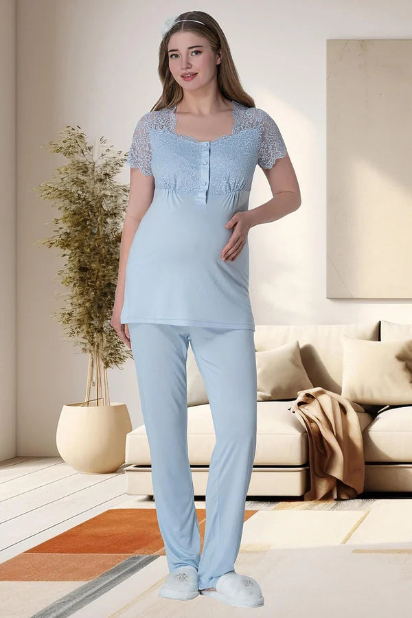 Önden Düğmeli Hamile Lohusa Pijama Takımı  Mavi - 6009