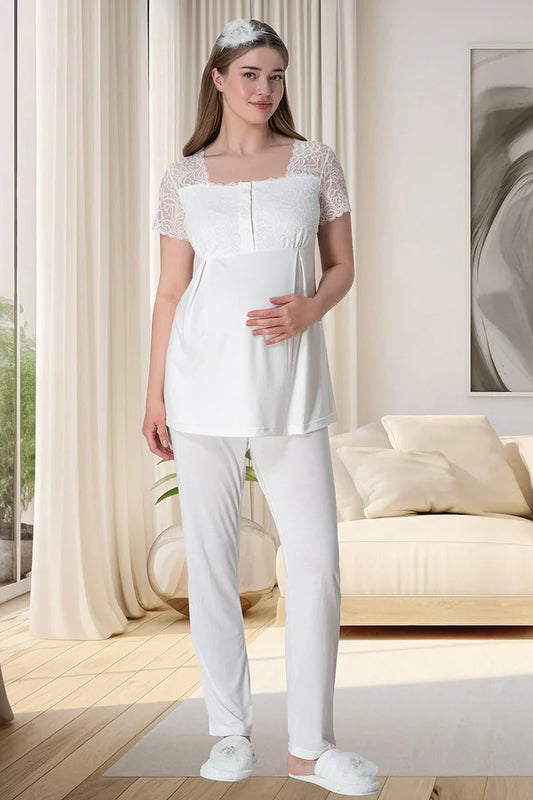 Dantel Kol Önden Düğmeli Lohusa Hamile Pijama Takımı Ekru - 6010