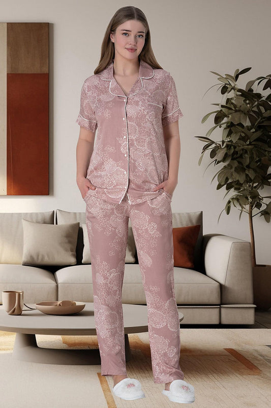 Çiçek Desenli Boydan Düğmeli Kısa Kollu Pijama Takımı Pudra - 6014