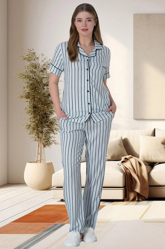 Dikey Çizgili Boydan Düğmeli Cep Detaylı Uzun Kollu Pijama Takımı Mavi - 6016