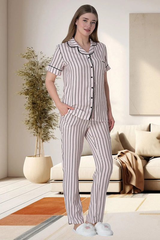 Dikey Çizgili Boydan Düğmeli Cep Detaylı Uzun Kollu Pijama Takımı Pembe - 6016