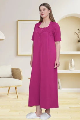 Önden Düğmeli Midi Boy Büyük Boy  Lohusa Hamile Gecelik Fuşya - 6049