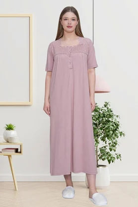 Önden Düğmeli Midi Boy Büyük Boy  Lohusa Hamile Gecelik Gül Kurusu - 6049