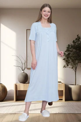 Önden Düğmeli Midi Boy Büyük Boy  Lohusa Hamile Gecelik Mavi - 6049
