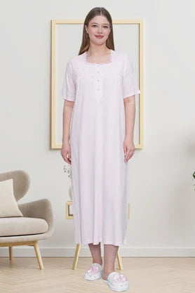 Önden Düğmeli Midi Boy Büyük Boy  Lohusa Hamile Gecelik Pudra - 6049