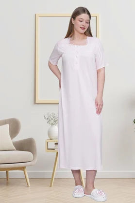 Önden Düğmeli Midi Boy Büyük Boy  Lohusa Hamile Gecelik Pudra - 6049