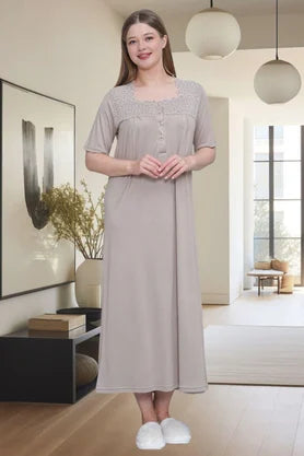 Önden Düğmeli Midi Boy Büyük Boy  Lohusa Hamile Gecelik Vizon - 6049