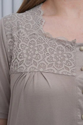 Önden Düğmeli Midi Boy Büyük Boy  Lohusa Hamile Gecelik Vizon - 6049