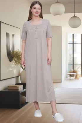 Önden Düğmeli Midi Boy Büyük Boy  Lohusa Hamile Gecelik Vizon - 6049