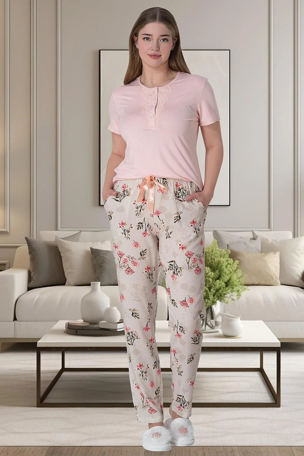 Çiçek Desenli Önden Düğmeli Kısa Kollu Pijama Takımı Pudra - 6058