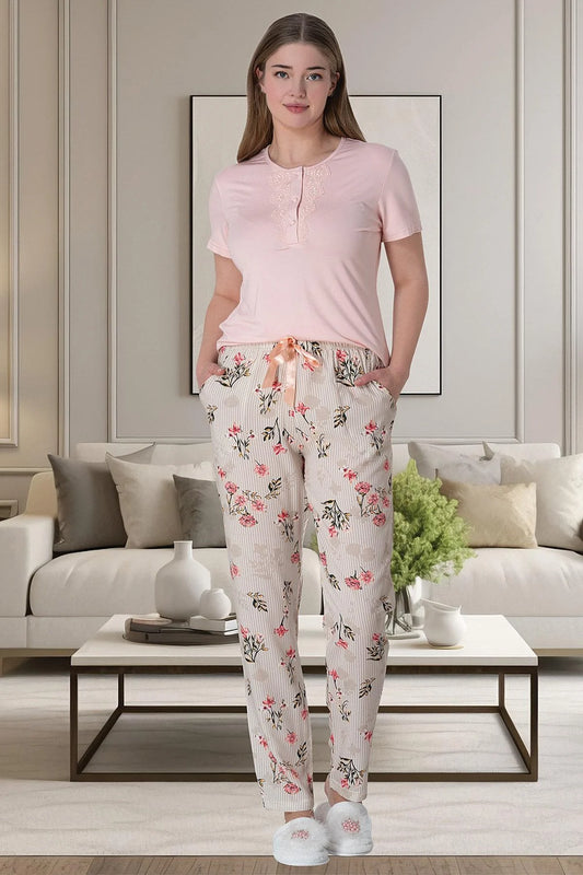 Çiçek Desenli Önden Düğmeli Kısa Kollu Pijama Takımı Pudra - 6058