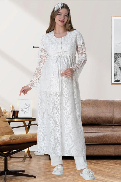 Çiçekli Güpürlü Sabahlıklı Hamile Lohusa Gecelikli Pijama Takımı 4'Lü Set Ekru - 6060