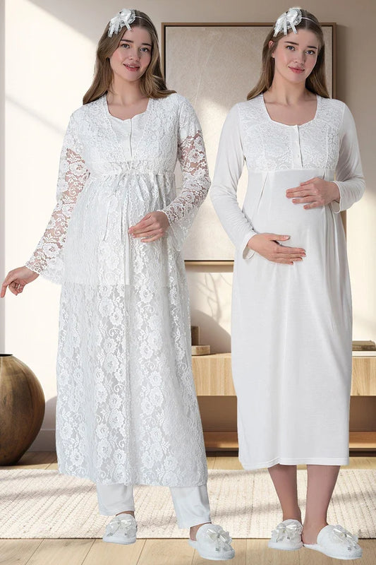 Çiçekli Güpürlü Sabahlıklı Hamile Lohusa Gecelikli Pijama Takımı 4'Lü Set Ekru - 6060