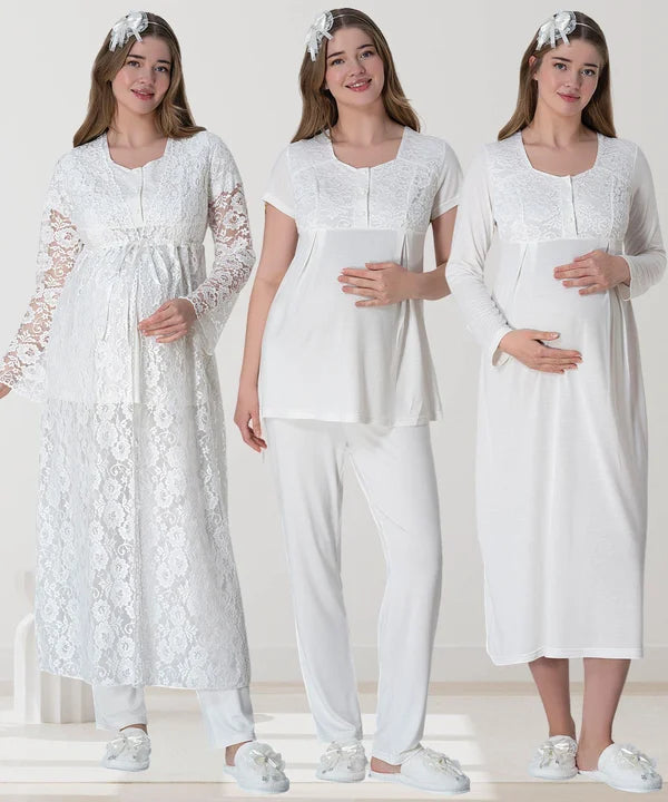 Çiçekli Güpürlü Sabahlıklı Hamile Lohusa Gecelikli Pijama Takımı 4'Lü Set Ekru - 6060