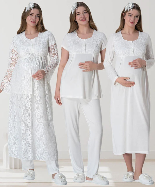 Çiçekli Güpürlü Sabahlıklı Hamile Lohusa Gecelikli Pijama Takımı 4'Lü Set Ekru - 6060