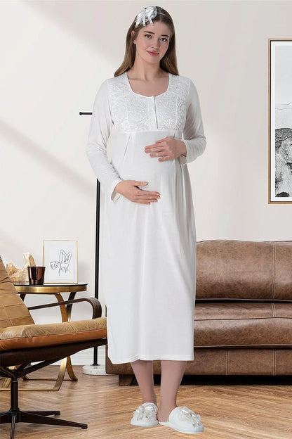 Çiçekli Güpürlü Sabahlıklı Hamile Lohusa Gecelikli Pijama Takımı 4'Lü Set Ekru - 6060