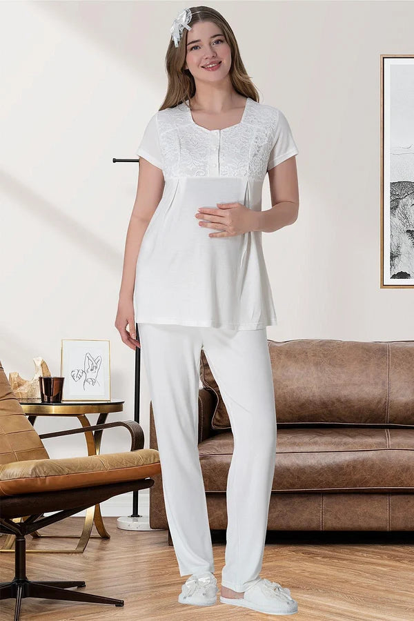 Çiçekli Güpürlü Sabahlıklı Hamile Lohusa Gecelikli Pijama Takımı 4'Lü Set Ekru - 6060