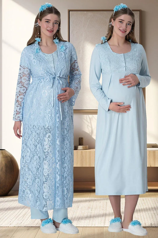 Çiçekli Güpürlü Sabahlıklı Hamile Lohusa Gecelikli Pijama Takımı 4'Lü Set Mavi - 6060
