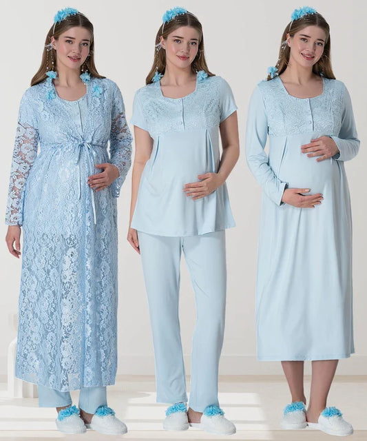 Çiçekli Güpürlü Sabahlıklı Hamile Lohusa Gecelikli Pijama Takımı 4'Lü Set Mavi - 6060