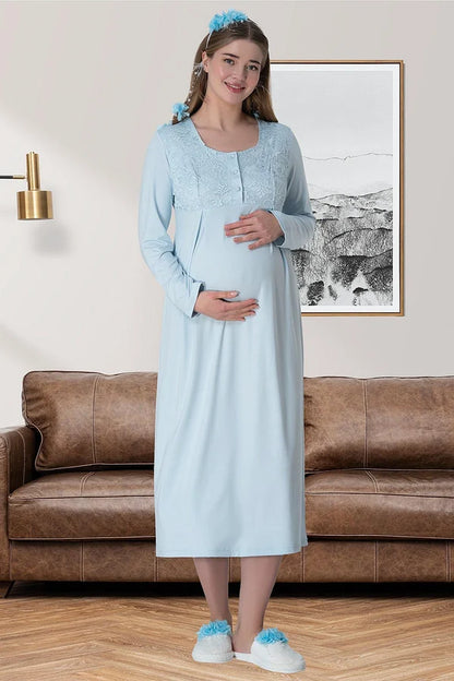 Çiçekli Güpürlü Sabahlıklı Hamile Lohusa Gecelikli Pijama Takımı 4'Lü Set Mavi - 6060