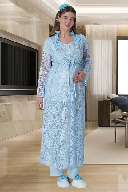 Çiçekli Güpürlü Sabahlıklı Hamile Lohusa Gecelikli Pijama Takımı 4'Lü Set Mavi - 6060