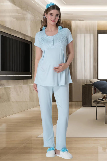Çiçekli Güpürlü Sabahlıklı Hamile Lohusa Gecelikli Pijama Takımı 4'Lü Set Mavi - 6060