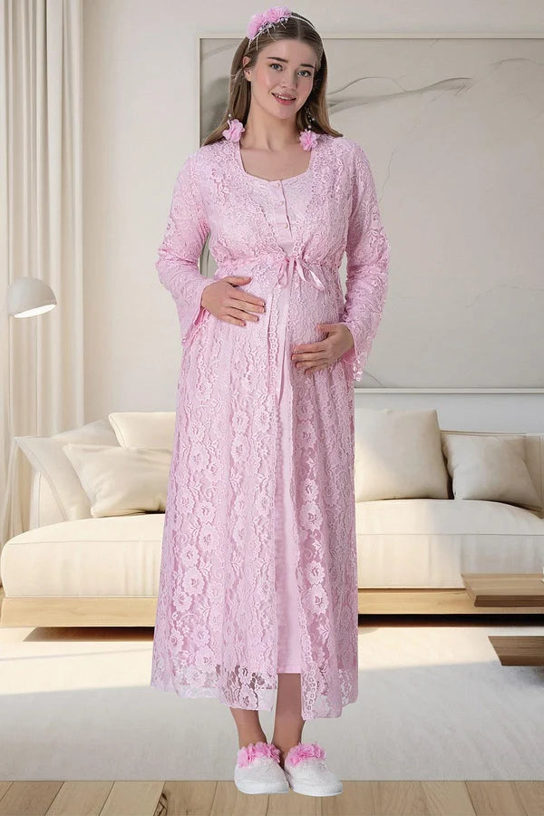 Çiçekli Güpürlü Sabahlıklı Hamile Lohusa Gecelikli Pijama Takımı 4'Lü Set Pembe - 6060