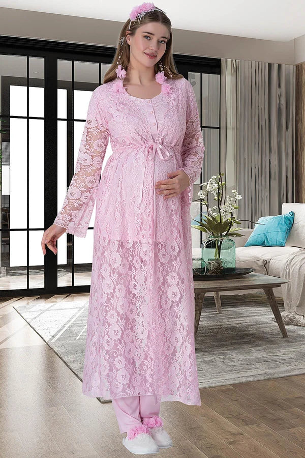 Çiçekli Güpürlü Sabahlıklı Hamile Lohusa Gecelikli Pijama Takımı 4'Lü Set Pembe - 6060
