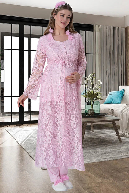 Çiçekli Güpürlü Sabahlıklı Hamile Lohusa Gecelikli Pijama Takımı 4'Lü Set Pembe - 6060