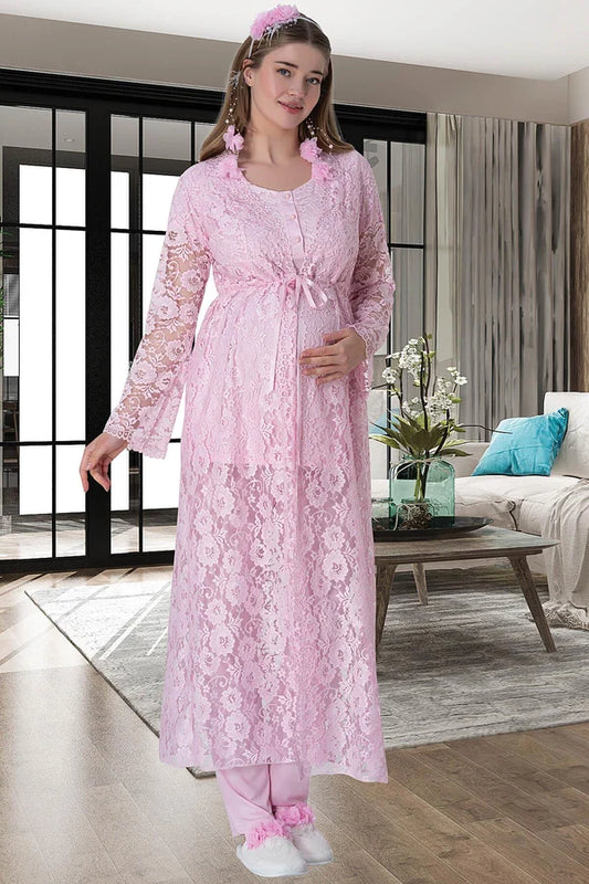 Çiçekli Güpürlü Sabahlıklı Hamile Lohusa Gecelikli Pijama Takımı 4'Lü Set Pembe - 6060