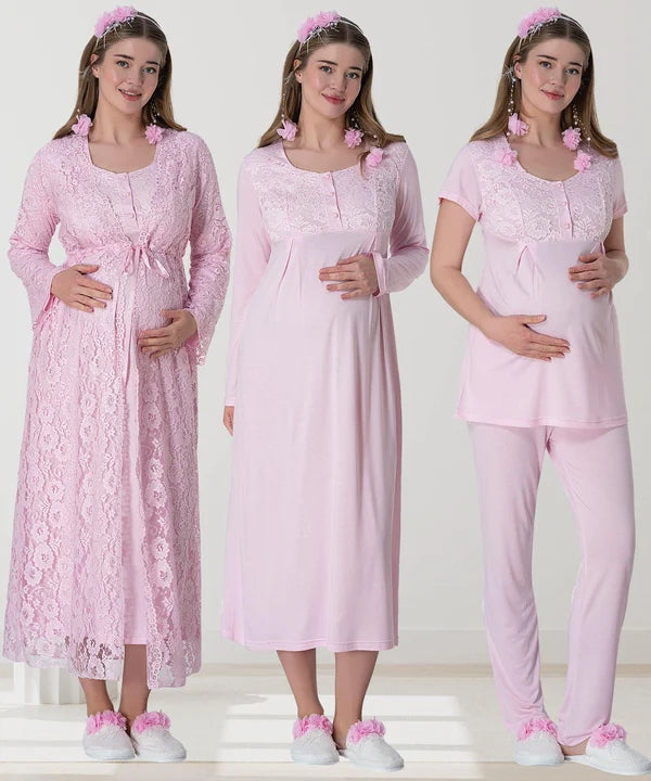 Çiçekli Güpürlü Sabahlıklı Hamile Lohusa Gecelikli Pijama Takımı 4'Lü Set Pembe - 6060