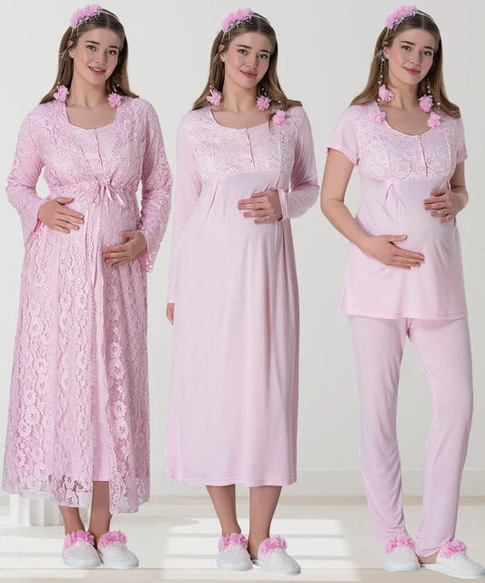Çiçekli Güpürlü Sabahlıklı Hamile Lohusa Gecelikli Pijama Takımı 4'Lü Set Pembe - 6060