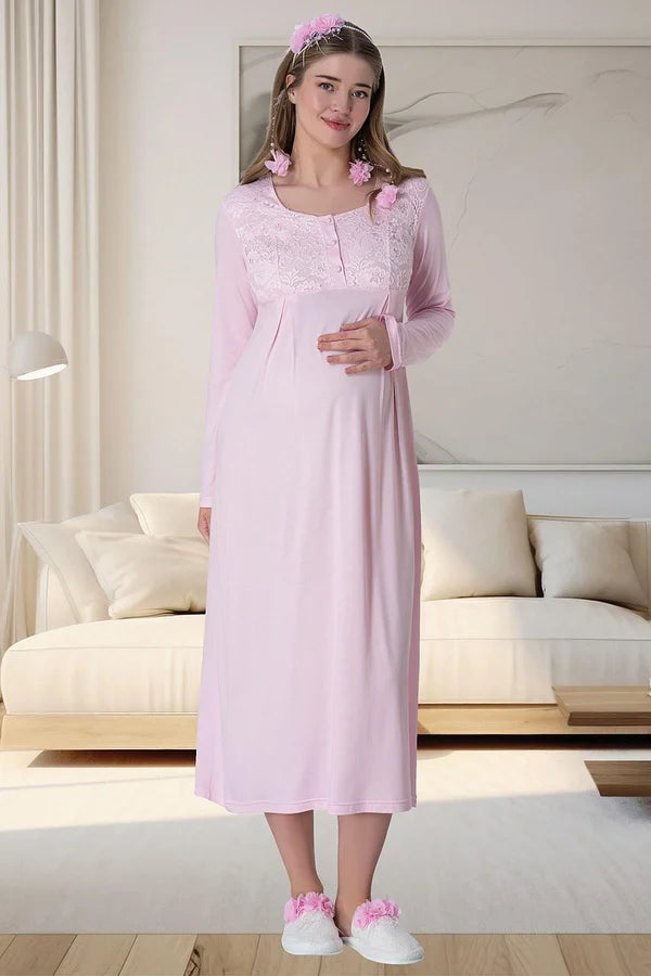 Çiçekli Güpürlü Sabahlıklı Hamile Lohusa Gecelikli Pijama Takımı 4'Lü Set Pembe - 6060